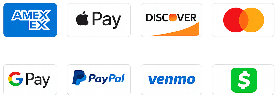 Accepted payment methods: Visa, Mastercard, Amex, Discover, PayPal, Apple Pay, Google Pay, Venmo, and Cash App